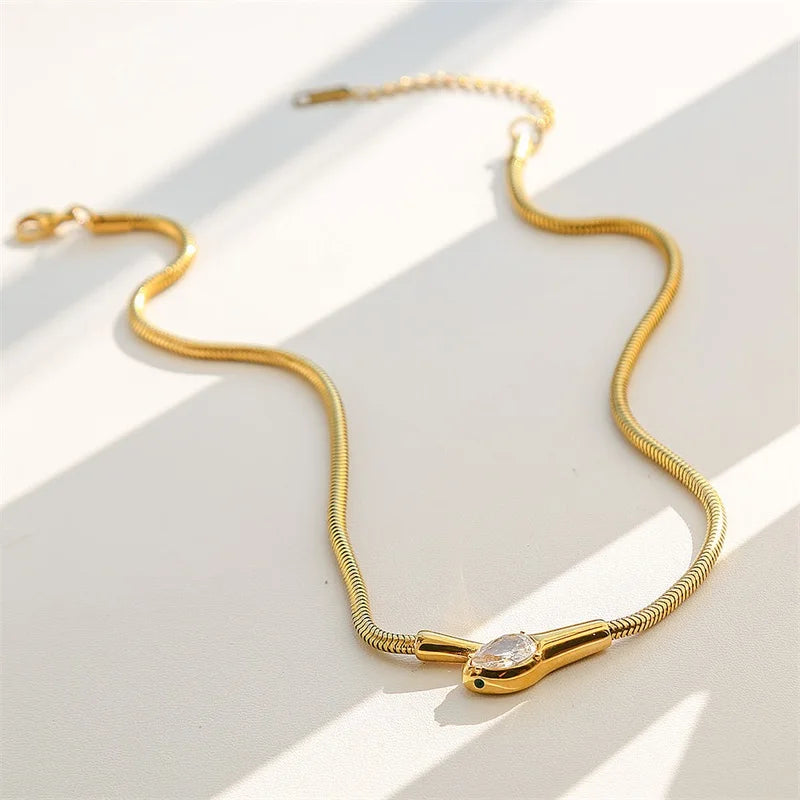 EILIECK 316L Stainless Steel Creative Snakehead Necklace For Women Trendy Shining Zircon Neck Chain Waterproof Jewelry Gift