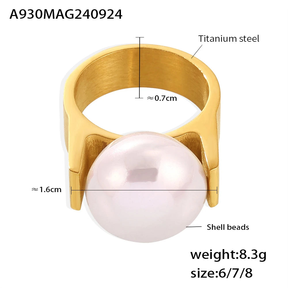 Chic 316L Stainless Steel Ring Y Shaped Big Imitation Pearl Rings For Women Exaggerated Charm Jewelry Wholesale