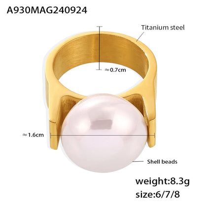 Chic 316L Stainless Steel Ring Y Shaped Big Imitation Pearl Rings For Women Exaggerated Charm Jewelry Wholesale