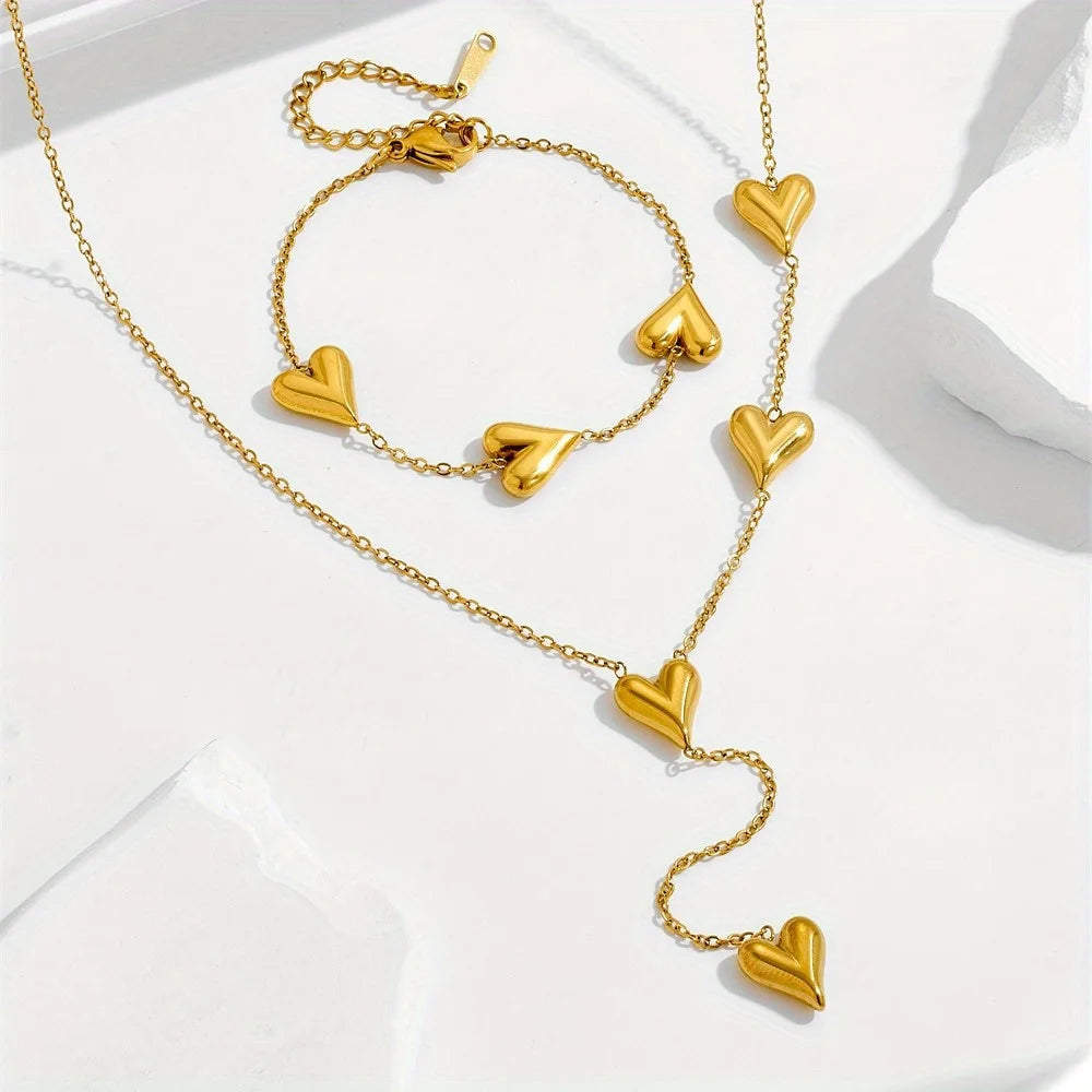316L Stainless Steel 3D Heart Pendant Necklace Bracelet Jewelry Set For Women Love Romantic Waterproof Sweet Charm Metal Gifts