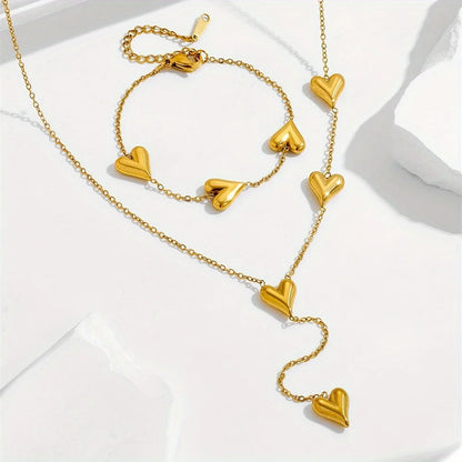 316L Stainless Steel 3D Heart Pendant Necklace Bracelet Jewelry Set For Women Love Romantic Waterproof Sweet Charm Metal Gifts
