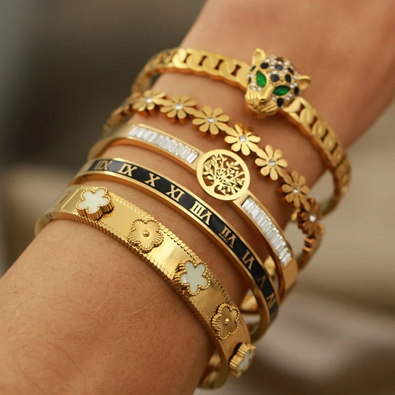 316L Stainless Steel Crystal Leopard Bangles for Women Vintage Bracelets Rust-proof Flower Zirconia Tree Wrist Jewelry Gift