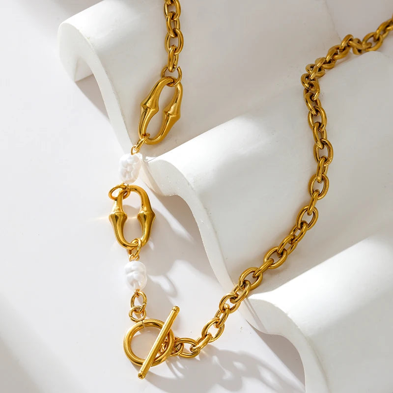 GANPUP 316l Stainless Steel Metal Pearls Chain Choker Necklace For Women Fashion Texture Waterproof Jewelry Neck Chain Gift
