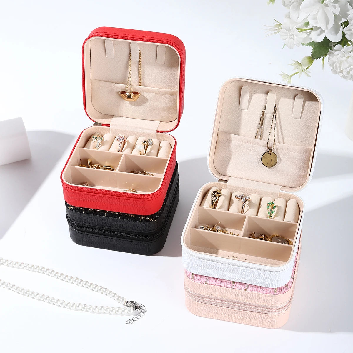 Small Plaid Fabric Travel Jewelry Box Portable Jewellery Storage Organizer Case For Necklace Ring Earring Women Gift Accessories