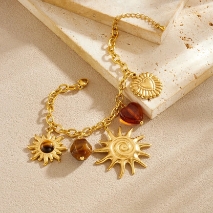 LAMENGLY 316L Stainless Steel Amber Stone Inlay Geometric Spiral Sun Heart Necklace Bracelet Set Lady Classic Trend Jewelry Suit