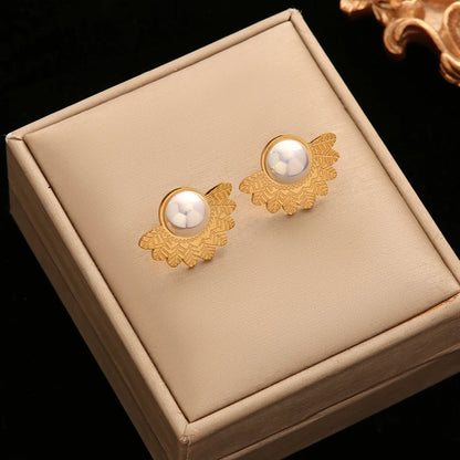 EILIECK 316L Stainless Steel Flower Pearl Stud Earrings For Women Girl Fashion New Gold Color Waterproof Jewelry Lady Gift