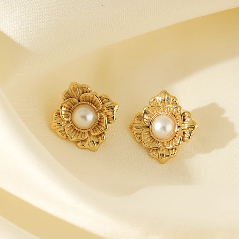 EILIECK 316L Stainless Steel Flower Pearl Stud Earrings For Women Girl Fashion New Gold Color Waterproof Jewelry Lady Gift