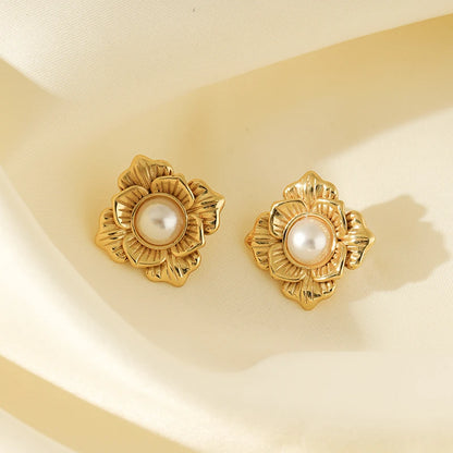 EILIECK 316L Stainless Steel Flower Pearl Stud Earrings For Women Girl Fashion New Gold Color Waterproof Jewelry Lady Gift