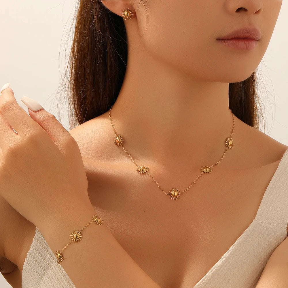 DIEYURO 316L Stainless Steel Golden Fashion Sun Necklace Earrings Bracelet Set For Women New Classic Waterproof Jewelry Gift