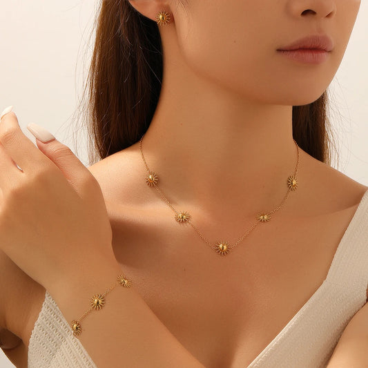 DIEYURO 316L Stainless Steel Golden Fashion Sun Necklace Earrings Bracelet Set For Women New Classic Waterproof Jewelry Gift