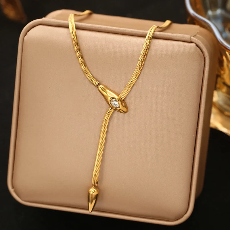 EILIECK 316L Stainless Steel Creative Snakehead Necklace For Women Trendy Shining Zircon Neck Chain Waterproof Jewelry Gift