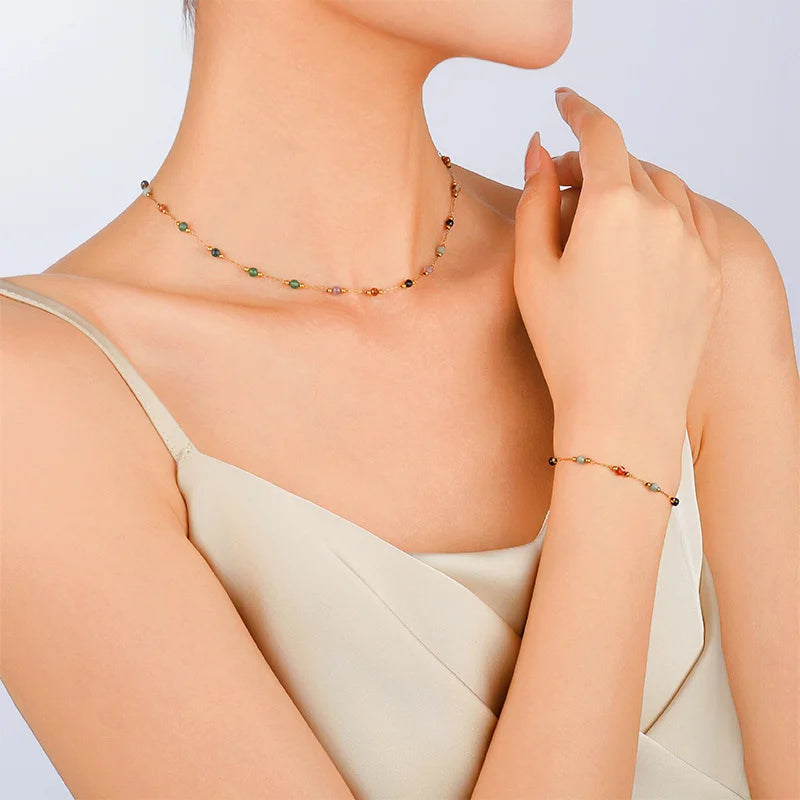 316L Stainless Steel Natural Colored Beads Necklace Bracelet Sets Bohemian Girl Trend 2026 Non-fading Colorful Jewelry Set Gifts