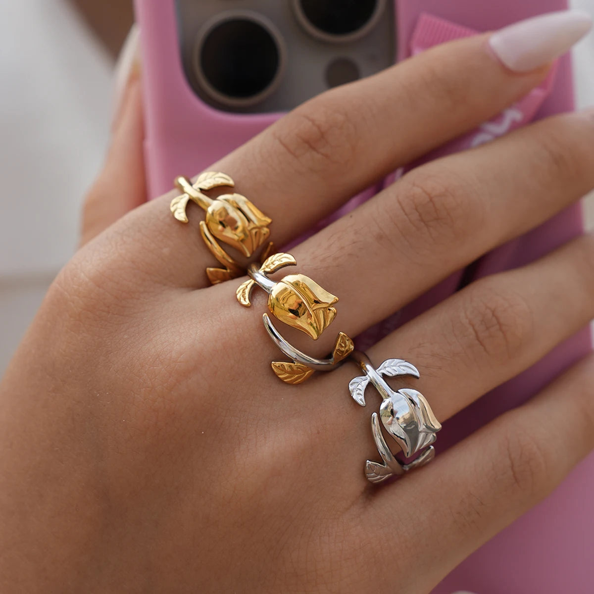 316L Stainless Steel Flower Adjustable Opening Fashion Rings Waterproof Metal Tarnish Resistant Jewelry for Women Bijoux